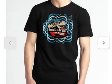 Black t-shirt with a colorful hookah graphic and text.