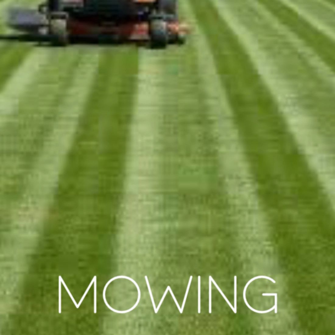 Person mowing a lawn with a riding mower creating striped grass patterns.
