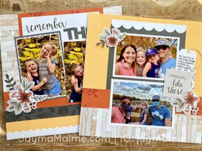 Two colorful family photo scrapbook pages with floral decorations.