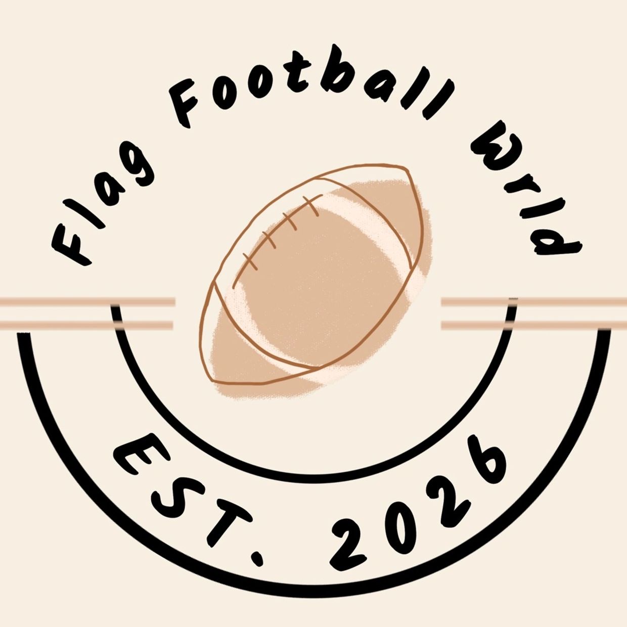 Logo with a football and text 'Flag Football World EST. 2026' in a circular design.