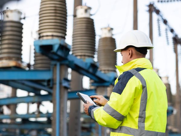 Electrical engineer studying reading on tablet. Electrical worker engineer