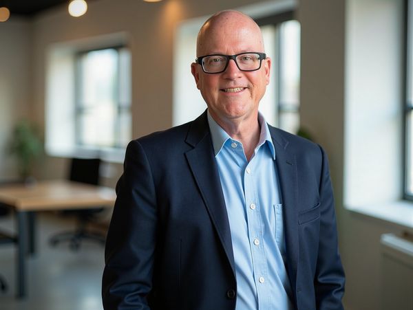 Smiling man in glasses and suit jacket in a bright office.