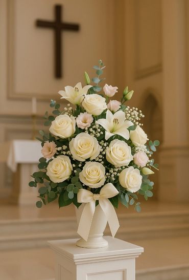 Elegant white floral arrangement in a church setting with a cross in the background.