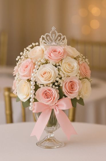 Elegant bouquet of pink and white roses with pearls and a tiara.
