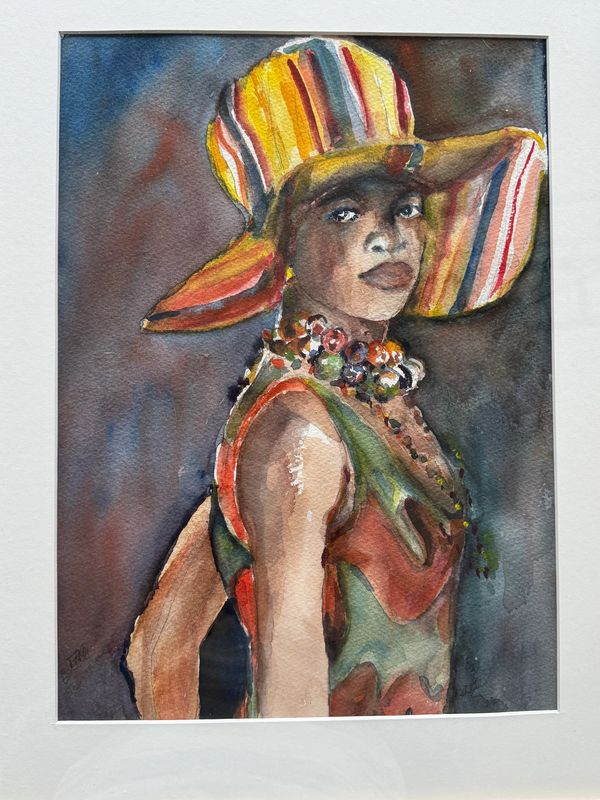 Watercolor portrait of a woman in a colorful hat and necklace.