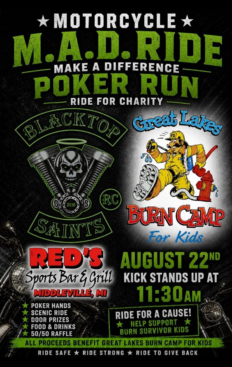 Motorcycle M.A.D. Ride charity poker run event details with sponsors and activities.
