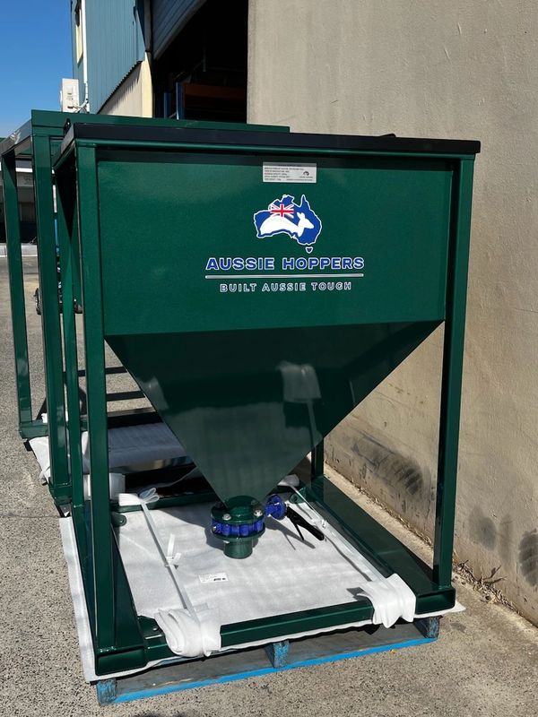 Aussie Hoppers abrasive storage hopper on stand