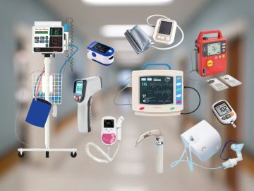 Various medical devices and monitoring tools displayed in a blurred hospital corridor.