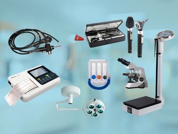 Medical diagnostic and examination tools arranged on a blue background.