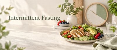 Healthy salad bowl with clock and text 'Intermittent Fasting'.