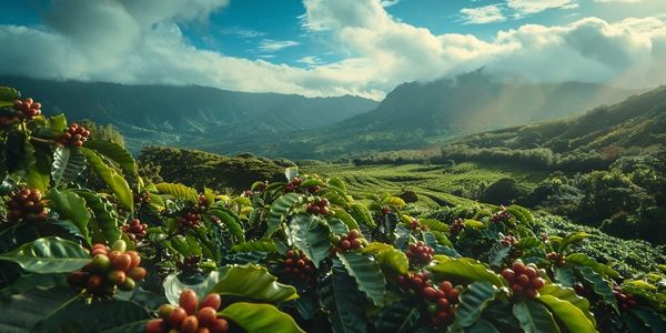 Lush coffee plants with ripening red cherries in a mountainous landscape.