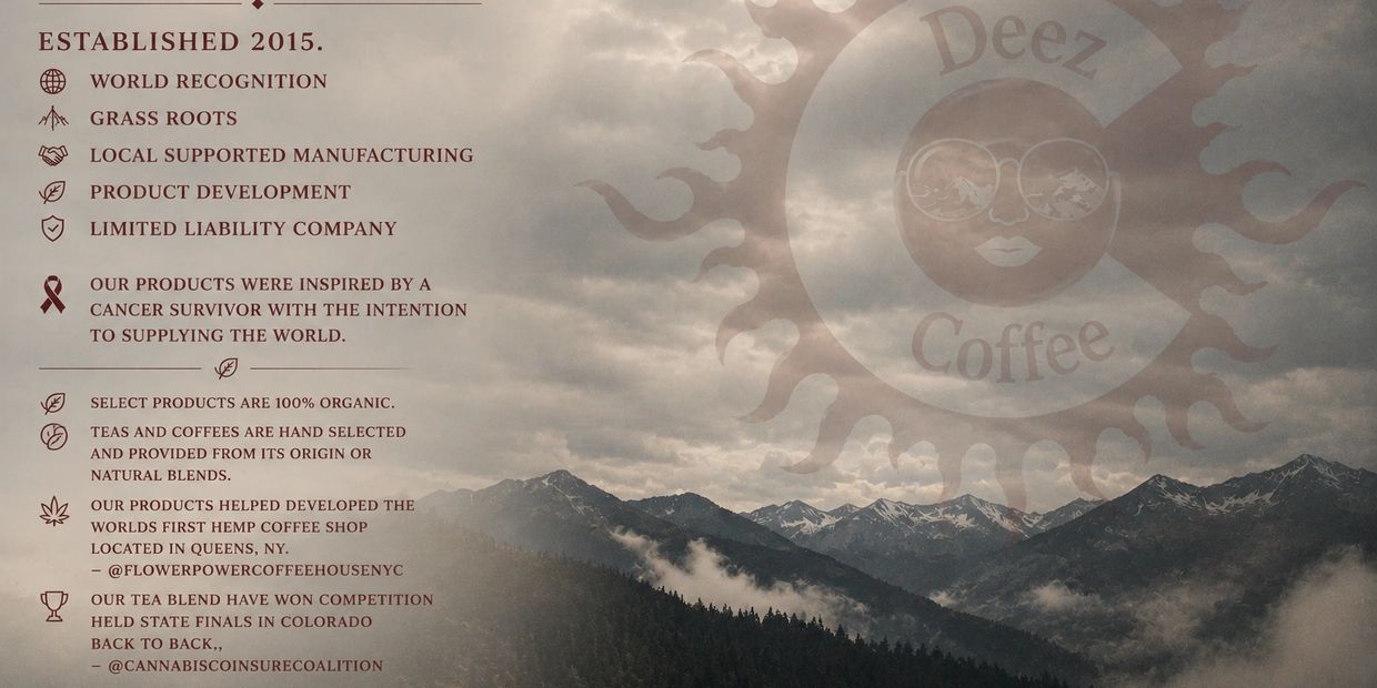 Text about Deez Coffee's origins, values, and achievements over a mountain background.