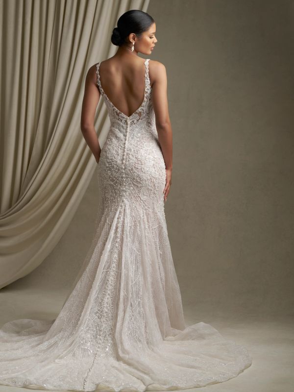 Elegant back view of a beaded lace wedding gown with a deep V neckline.