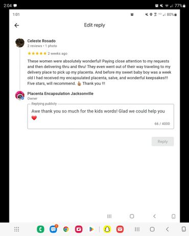 Positive review praising placenta encapsulation services and quick delivery.