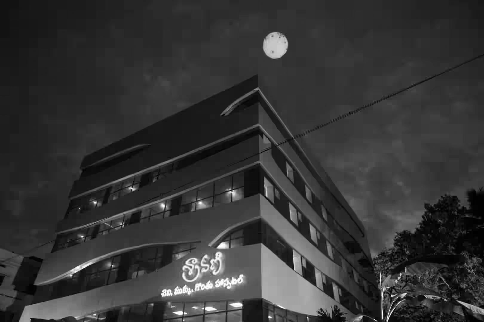 Building at night with a bright full moon.