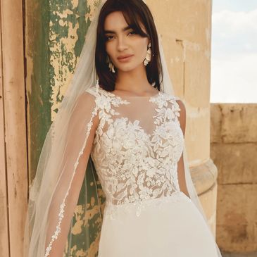 Crepe A-line wedding gown with illusion lace bodice, style 44480 by Sincerity Bridal