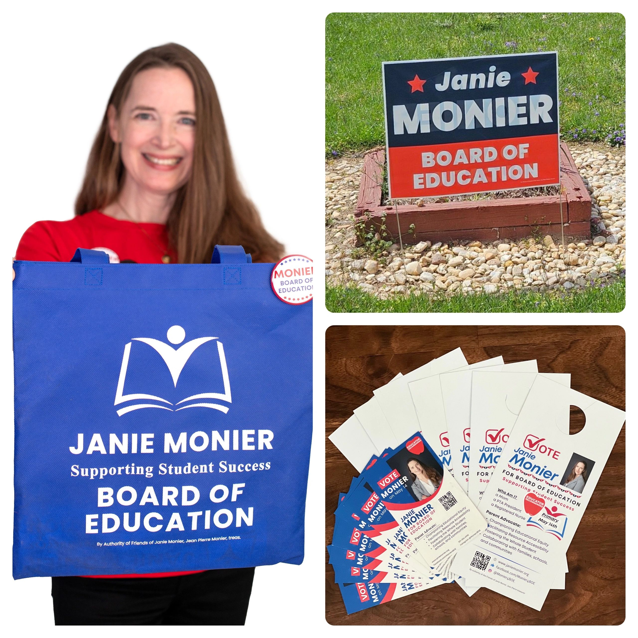 Images of yard signs, tote bags, and door hangers with Jamie's name and political logos 