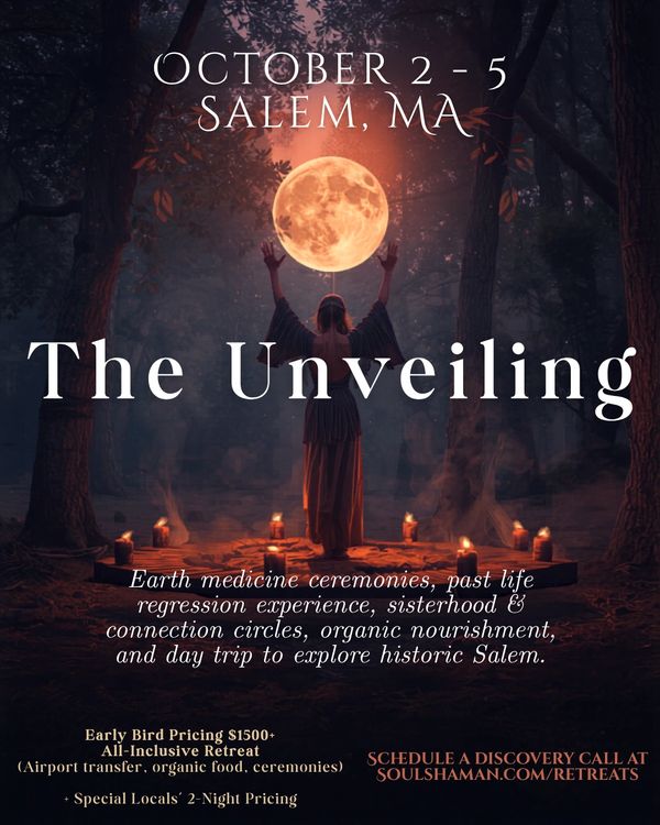 Event poster for The Unveiling retreat in Salem, MA, October 2-5.