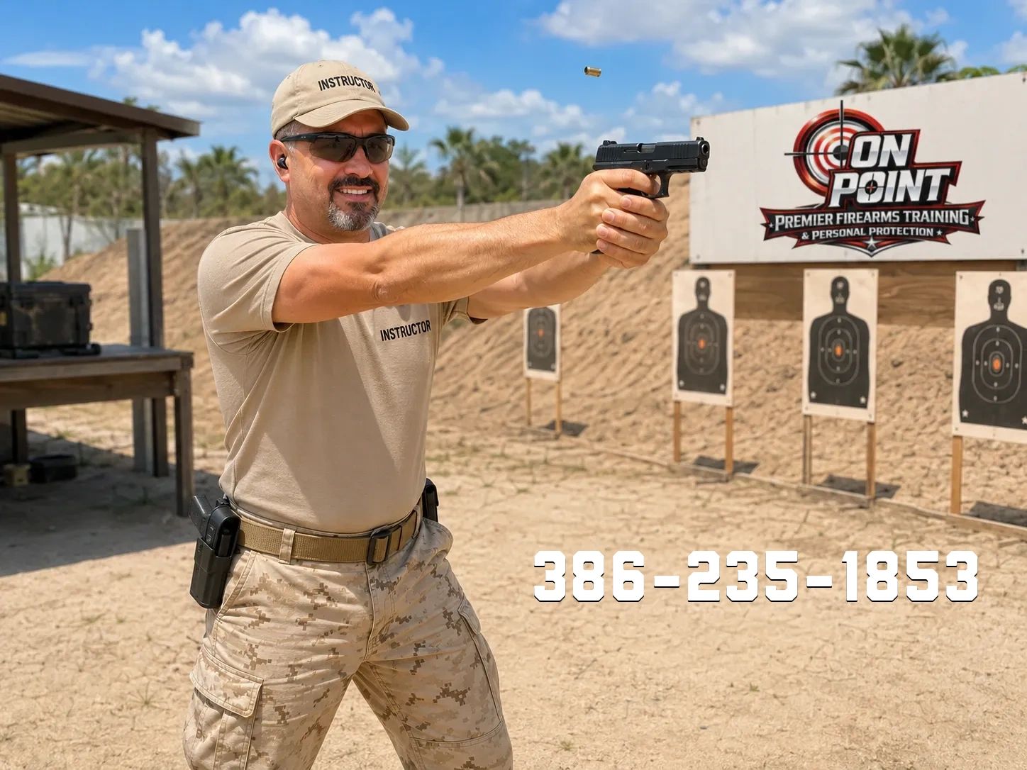 Firearms instructor demonstrating shooting at a target range.