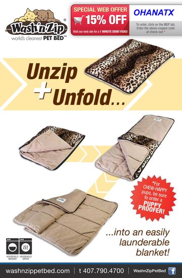 Wash 'n Zip pet bed that unzips and unfolds into a blanket. 