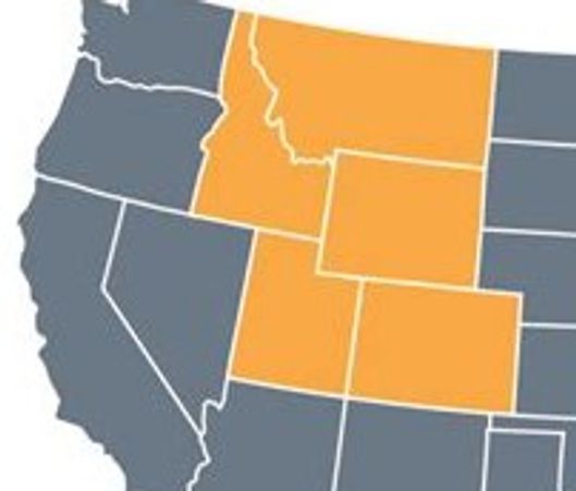 Map highlighting Wyoming, Montana, Idaho, Utah, and Colorado in orange.