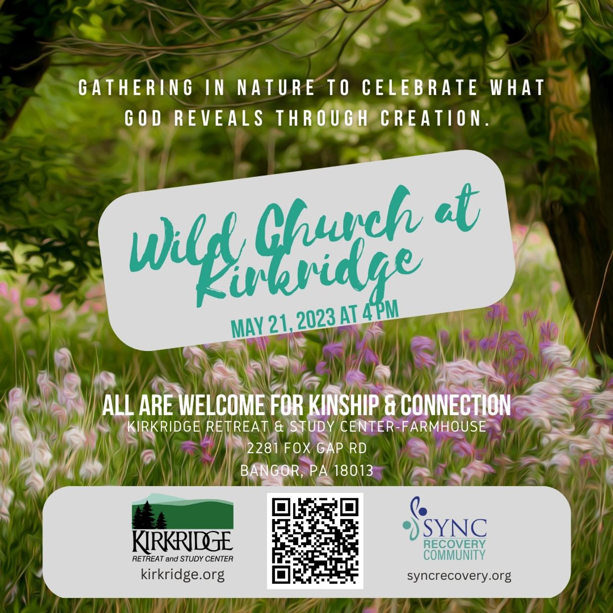 Invitation to Wild Church at Kirkridge on May 21, 2023, celebrating nature and community.