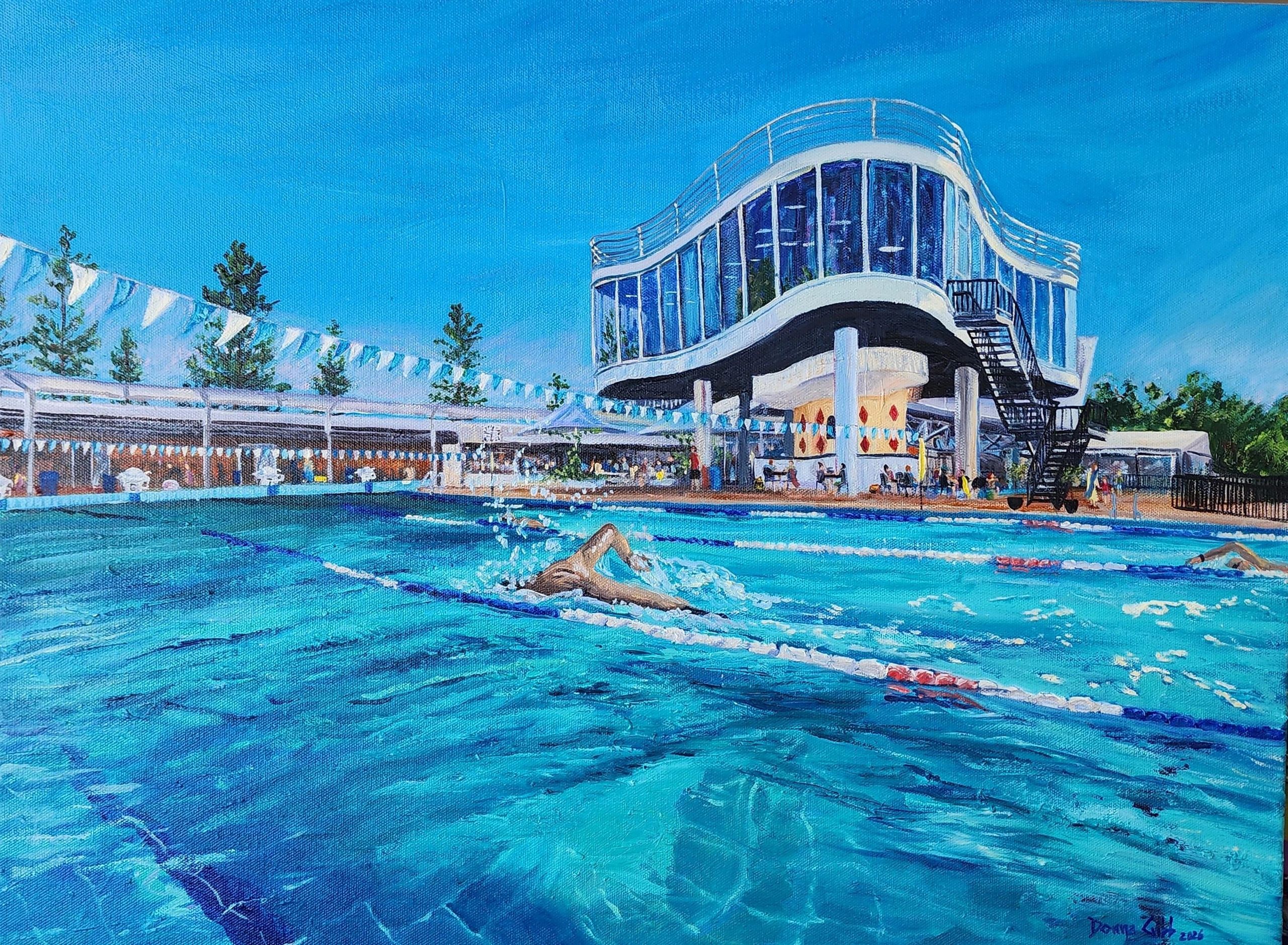 Painting of a swimmer at Centenary Pool brisbane by Donna Gibb