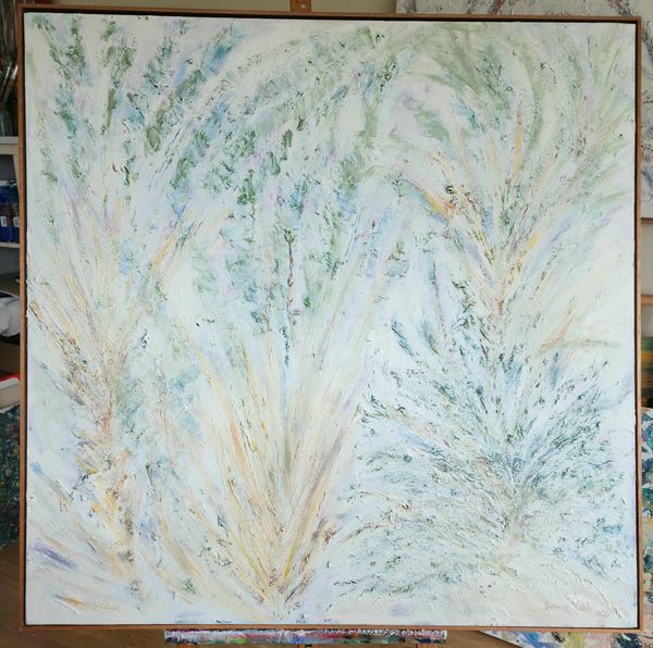 Impasto Art work in tranquil calm pastel palette of travel palms good decorator artwork by Donna Gib