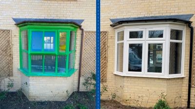 Before and after photos of a renovated bay window on a brick house.