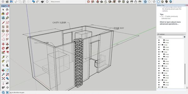 3D SketchUp model showing a room with cavity slider door and brick wall detail.
