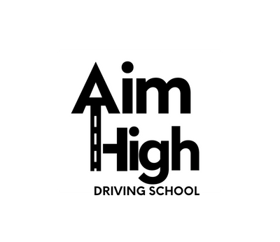 Logo for Aim High Driving School with a road arrow forming part of the letter A.