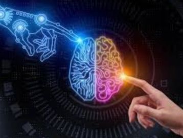 Human and robotic hands connecting through a glowing digital brain.