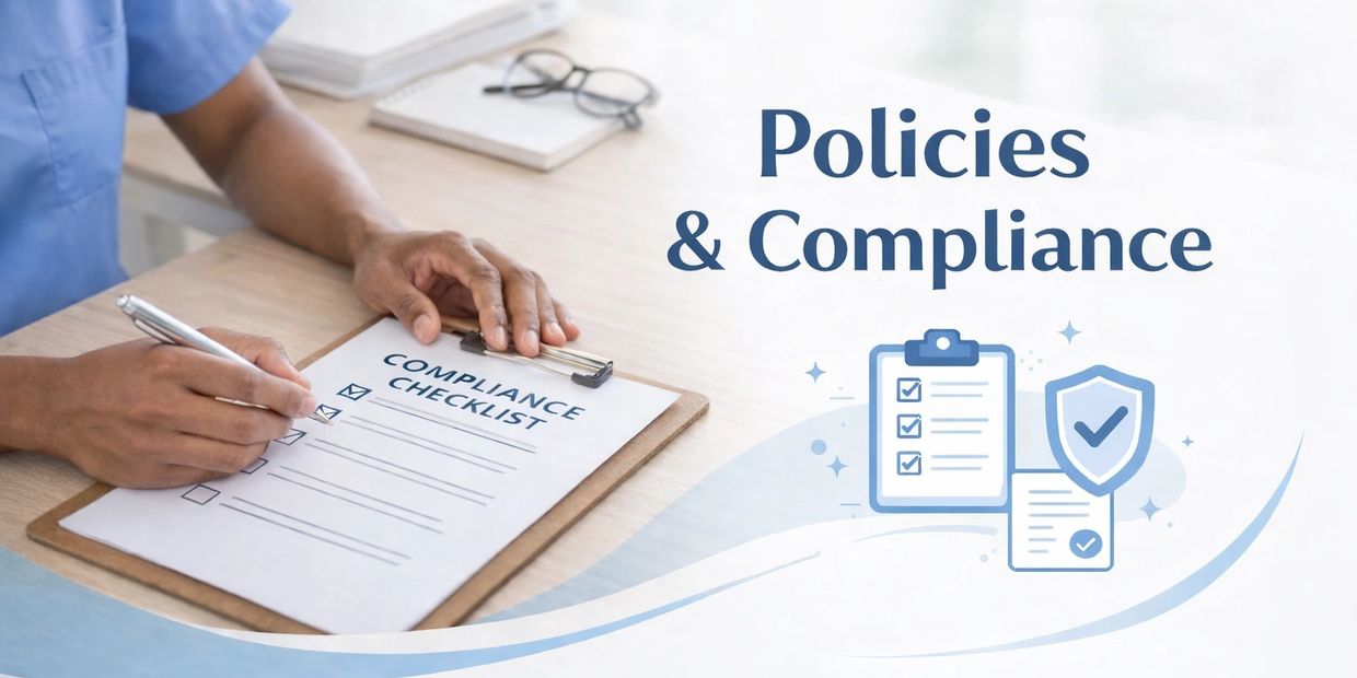 Person completing a compliance checklist under policies and compliance theme.