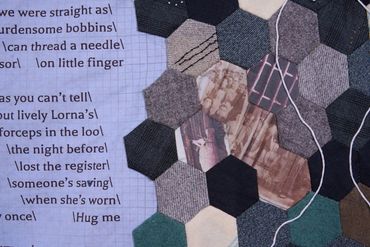 Detail: hexagonal patches, some of woollen fabrics, some photos printed on cotton. A section of poem