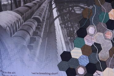 Printed photo of spinning mule on cotton fabric on left, patchwork encroaching from lower right side