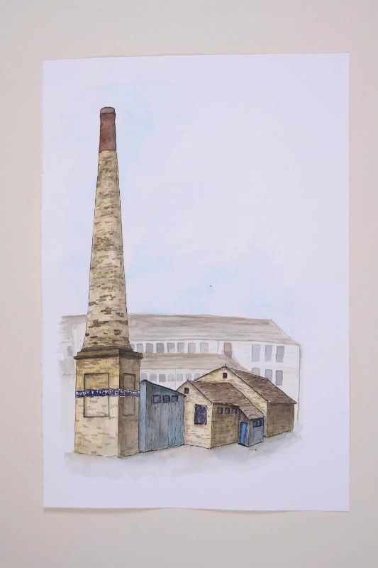 Watercolour sketch of mill buildings with tall brick chimney in foreground