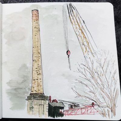 Watercolour sketch of mill chimney, plus a crane and tree, with bare branches, to the right.