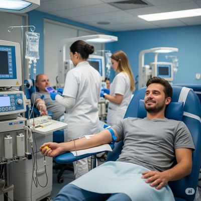 A man sitting in a chair to sell plasma at plasma donation center in Las Vegas
