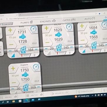 Screen displaying pressure and flow data for multiple pumps and engines.