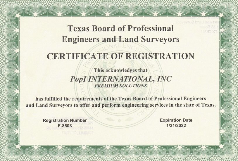 PopI International (dba Premium Solutions) Registered Engineering Certificate, under PE Jim Mohrfeld