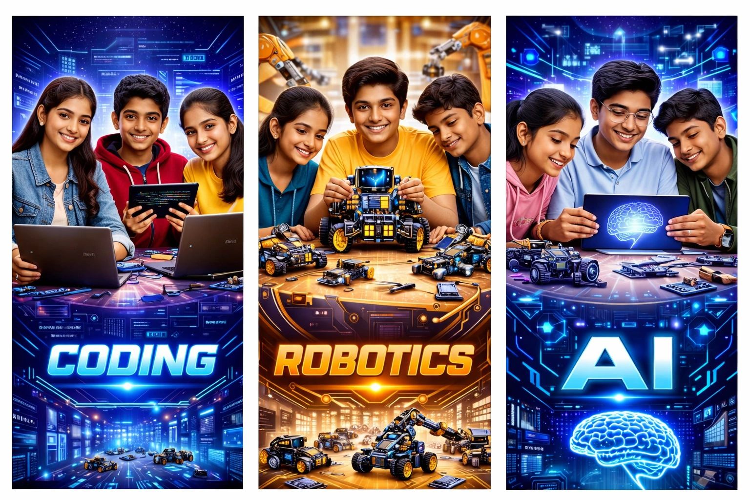 Three panels showing kids engaged in coding, robotics, and AI projects.