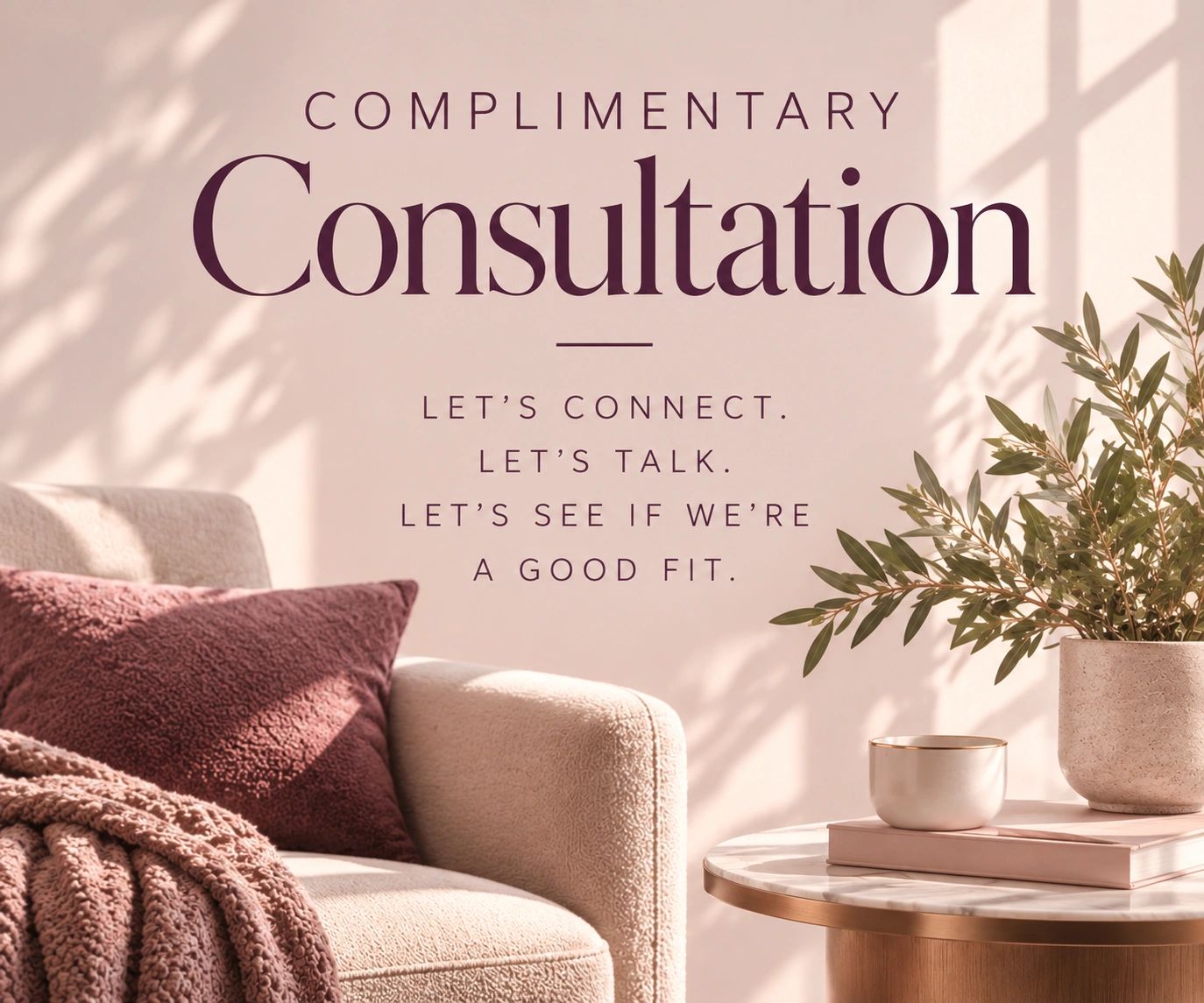 Blush therapy consultation graphic with chair, plant, and complimentary consultation text.