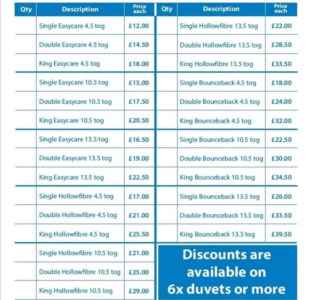 Price list for premium pillows