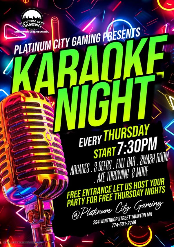 Neon-lit karaoke night poster with microphone, every Thursday at 7:30 PM. platinum city
platinum city gaming
platinum city gaming photos
platinum gaming karaoke every thursday