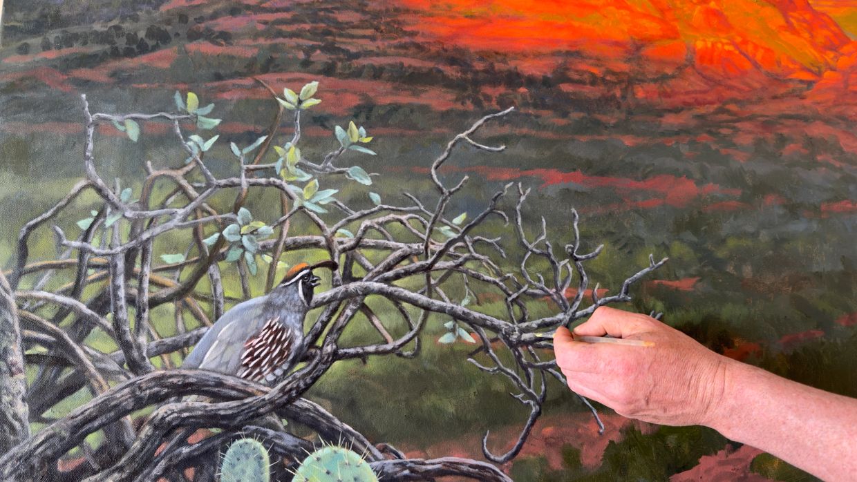 Hand painting detailed branch and bird scene.