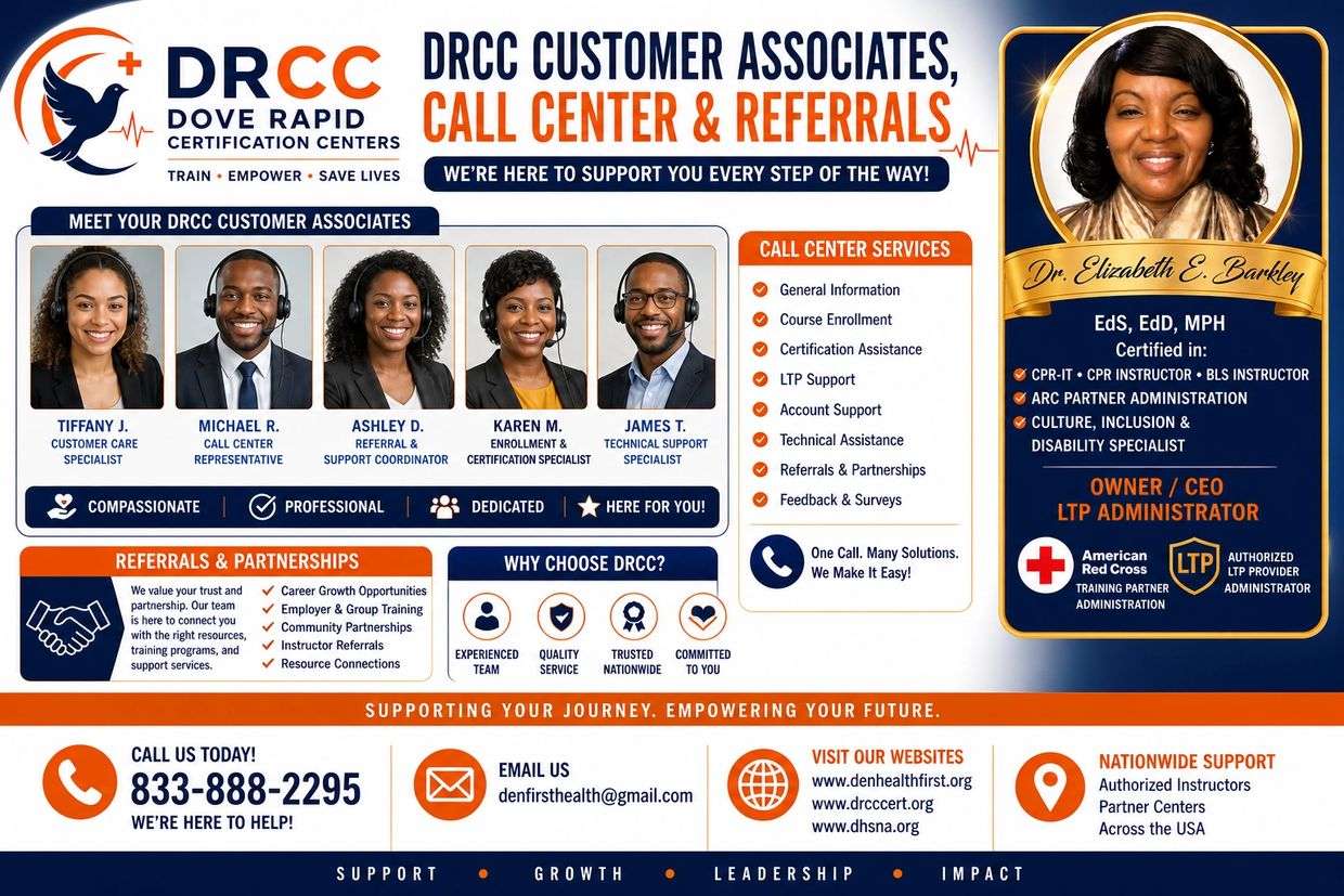 DRCC customer associates and call center information with contact details and services offered.