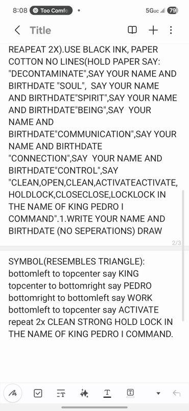 Instructions for a ritual using black ink and a triangular symbol invoking King Pedro.