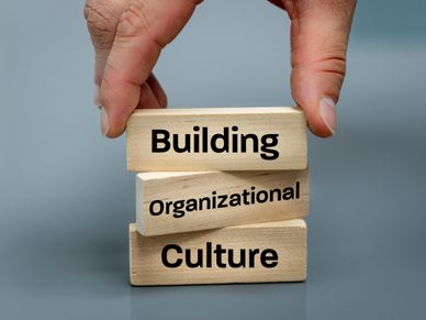 Hand stacking wooden blocks labeled Building, Organizational, Culture.