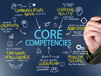 Visual representation of core competencies with key skills and attributes.