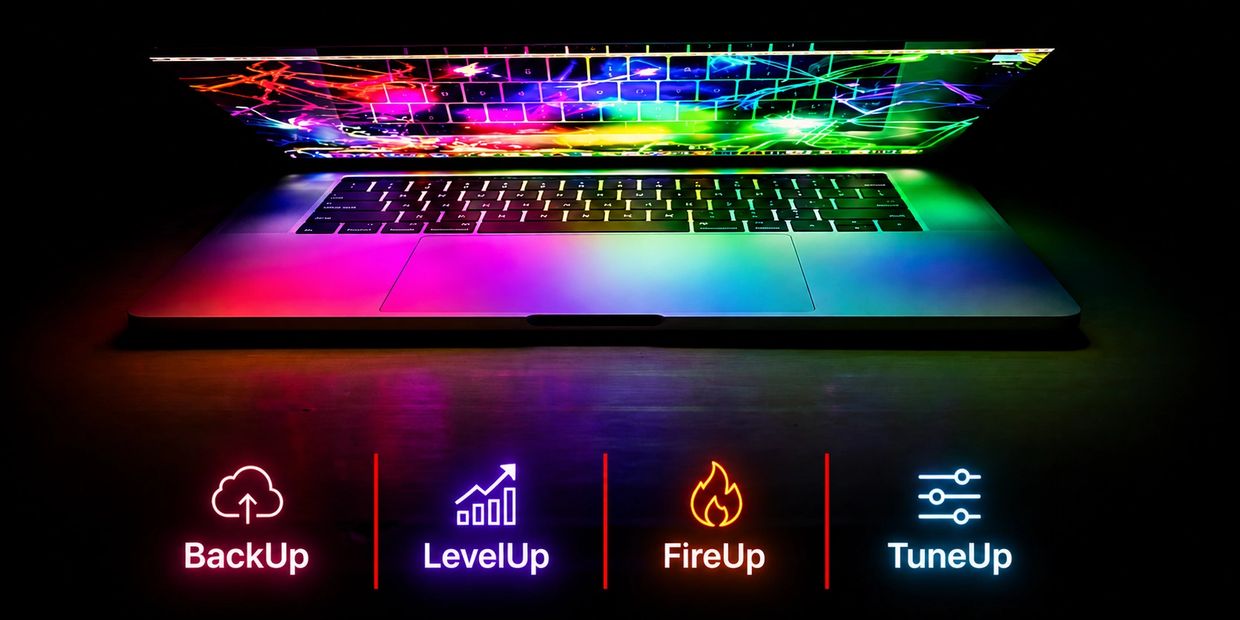 A laptop with colorful light reflections and upgrade icons below it.
